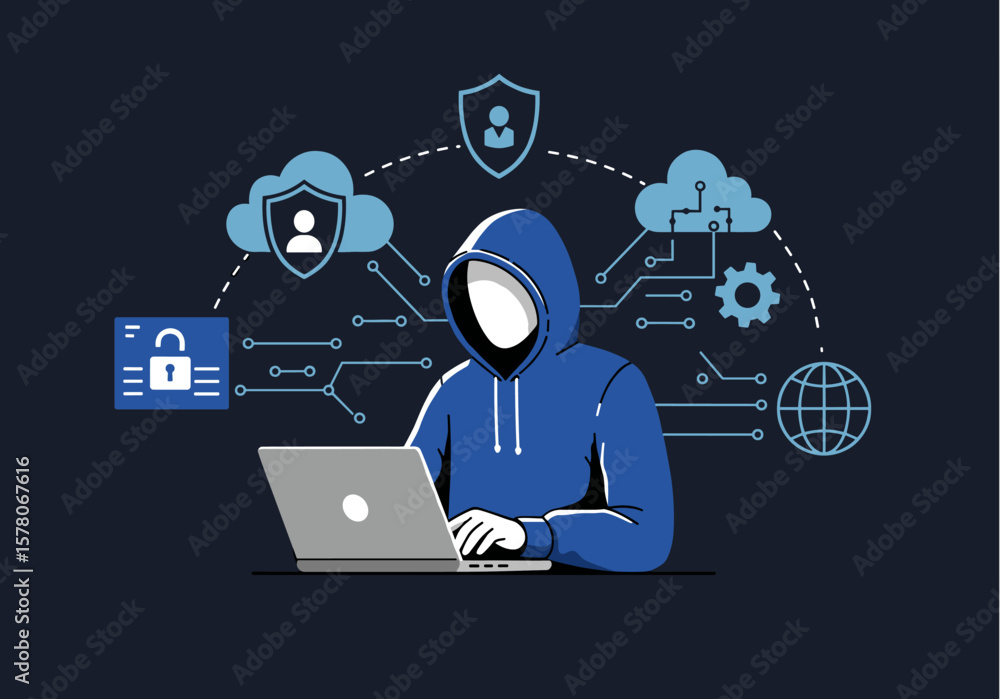 Poster an anonymous hacker wearing a hoodie is shown working on a laptop, surrounded by digital security el