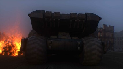 apocalyptic war machine drives through a destroyed burning city. 3d rendering.