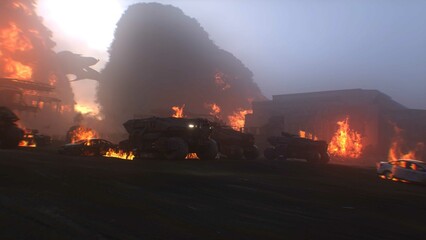 apocalyptic war machine drives through a destroyed burning city. 3d rendering.
