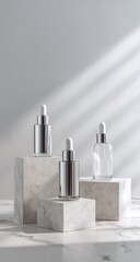 Three dropper bottles on marble blocks, bathed in sunlight