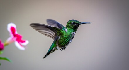Fototapeta premium Emerald Hummingbird in Flight, Vibrant Green Plumage, Soft Focus Background