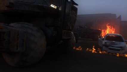 apocalyptic war machine drives through a destroyed burning city. 3d rendering.