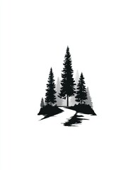 Obraz premium Silhouette of three evergreen trees flanking a winding path, set against a subtly shaded background