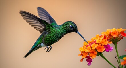 Obraz premium Emerald Hummingbird's Graceful Nectar Sip: Vibrant Lantana Bloom, Soft Light