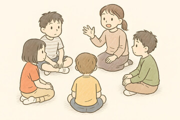 Hand-drawn illustration of children sitting in a circle, having a discussion like a meeting, in a friendly and cooperative atmosphere.