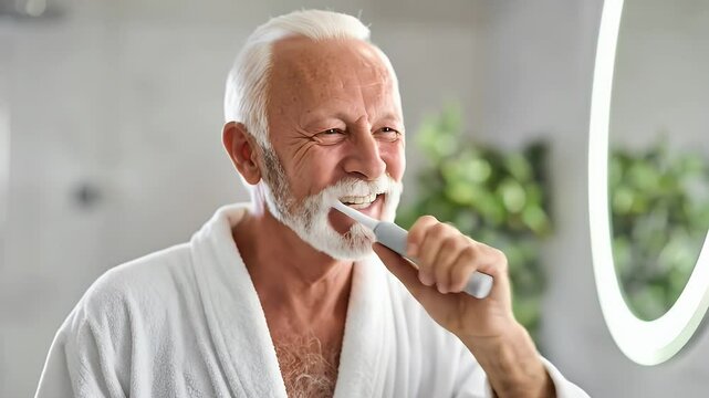Senior Man Brushing Teeth in White Robe