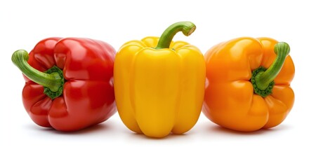 Fresh Red Yellow and Orange Bell Peppers on White Background
