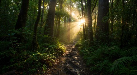 Sunlight Piercing Through Forest Canopy A Serene Woodland Path Experience