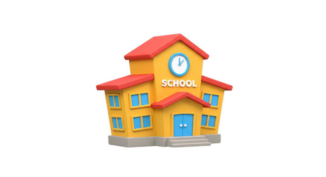 Cartoon School Building with Red Roof on Transparent Background