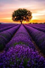 Fototapeta premium Endless lavender fields in Provence, France, captured during golden hour