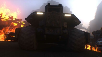 apocalyptic war machine drives through a destroyed burning city. 3d rendering.