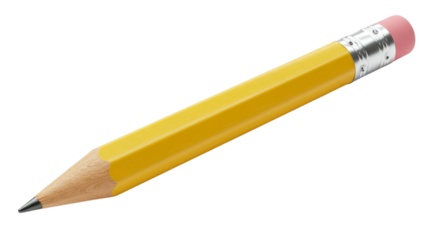 Classic Yellow Pencil with Pink Eraser on Transparent Background