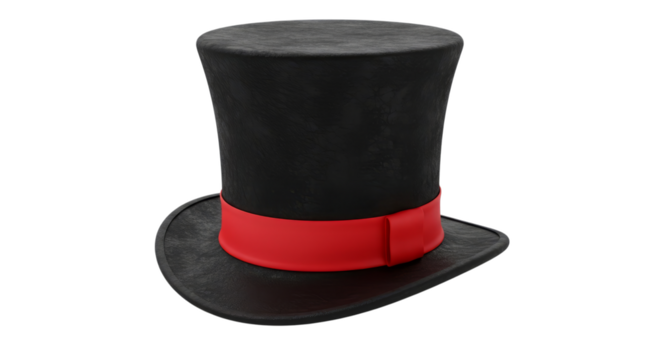 Classic Black Top Hat with Vibrant Red Ribbon on Isolated Transparent Background