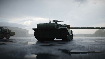 Military russian base. Russian battle tank. 3d rendering.