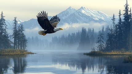Majestic eagle soars over misty mountain lake