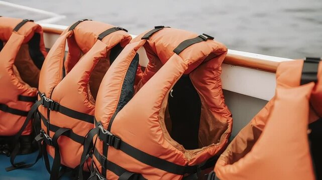 Row of orange life vests hanging on a boat safety equipment