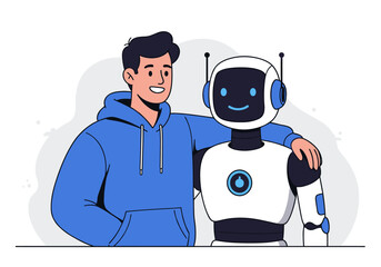 A friendly illustration depicts a young man in a blue hoodie smiling and embracing a modern, humanoid robot with a cheerful expression, symbolizing technology and companionship.