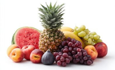 A vibrant still life featuring a pineapple, watermelon slice, peaches, figs, and green and red grapes against a stark white background