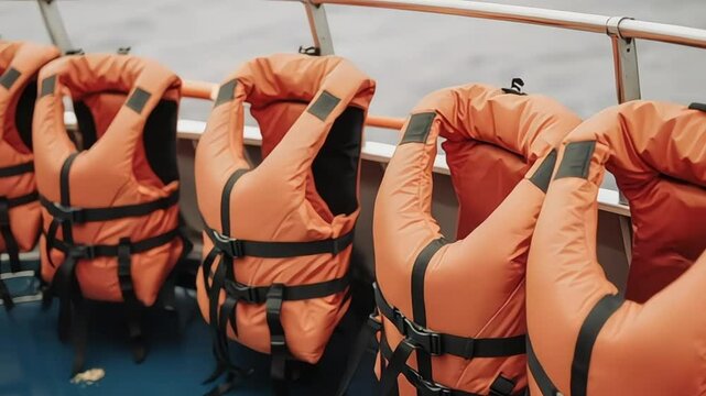 Row of orange life vests on a boat deck for water safety