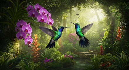 Enchanting Hummingbird Duet in a Lush, Sun-Dappled Rainforest