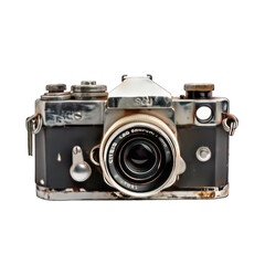 Weathered silver and black 35mm SLR camera with a slightly scratched lens, showing signs of age and use