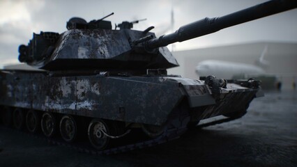 Military american base. American battle tank 3d rendering.