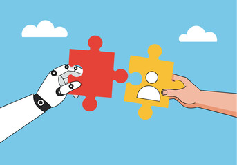 A robotic hand and a human hand joining puzzle pieces, symbolizing collaboration between artificial intelligence and human resources in a digital business environment.