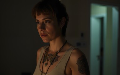 A woman with short brown hair and tattoos is standing in a dimly lit room. High quality
