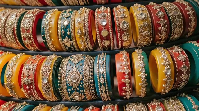 Colorful bangles with intricate designs displayed on a rack
