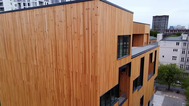 Modern apartment building exterior with light brown wooden cladding