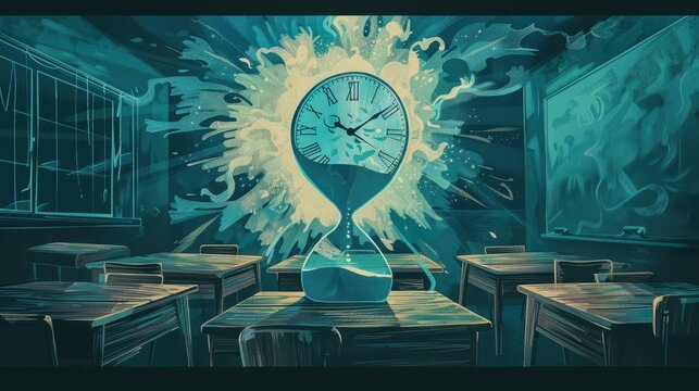 classroom clock melting into a meditation hourglass mindfulness