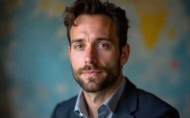 Medium shot portrait photography of a French man in his 30s against an abstract background. High quality