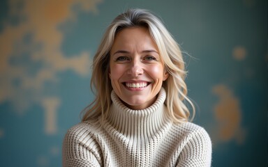Medium shot portrait photography of a grinning woman in her 40s that is wearing a cozy sweater against an abstract background .  Generative AI. High quality