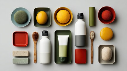 Geometric arrangement of products on a clean surface.