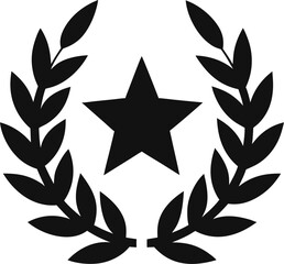 Solid silhouette of a laurel wreath encircling a star. minimalist vector icon with white background.