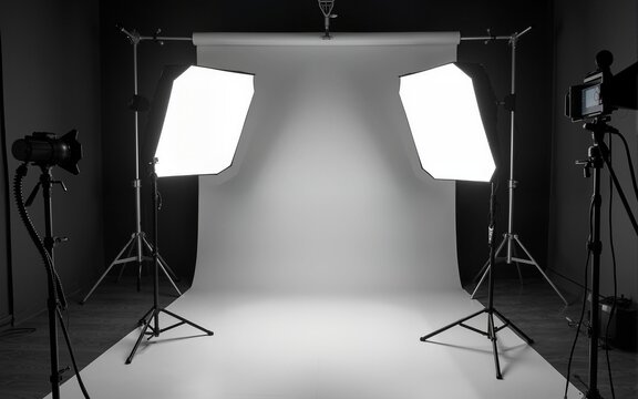 Black and white image of a professional photo studio with lighting equipment set up, ready for a photoshoot or filming session. High quality