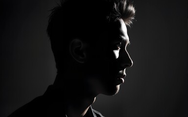 Moody side profile portrait of young man in dramatic black-and-white lighting, high-contrast studio photography, artistic male silhouette, shadows, creative expression. High quality