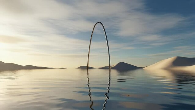 A minimalist arch stands in calm water with rolling dunes and sky