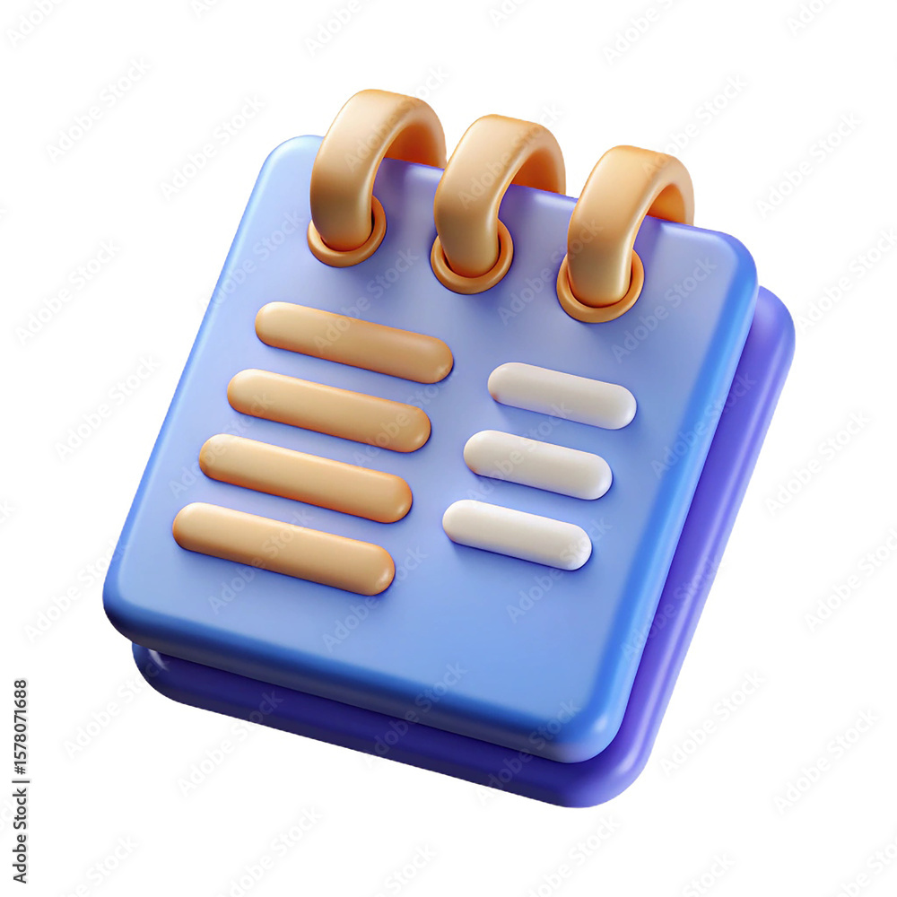 Poster 3d icon of a blue notepad with orange spiral binding isolated on white background