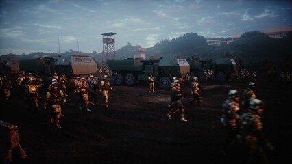 American High Mobility Artillery Rocket System in a ruined city. 3d rendering.