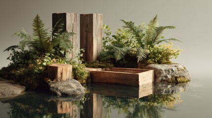 Serene mockup with water reflections and natural materials.
