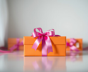 Three vibrant orange gift boxes adorned with elegant pink satin ribbons sit gracefully on a glossy surface, perfect for celebrations and special occasions.