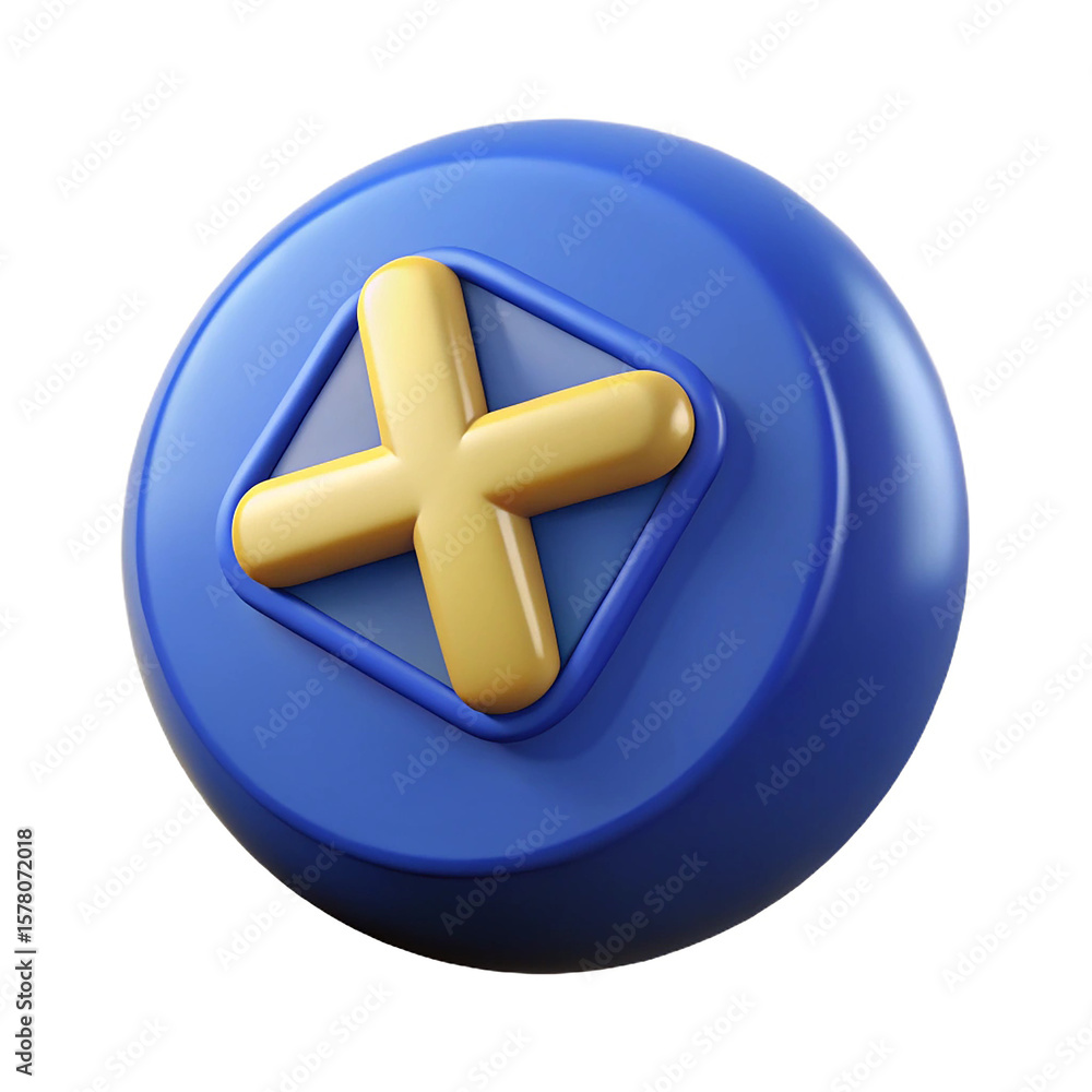 Fototapete 3d rendering of a blue circle with a yellow plus symbol isolated on white background