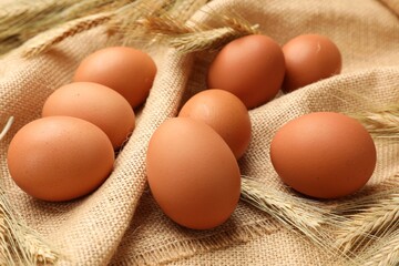 Fresh eggs and spikes on burlap cloth, closeup
