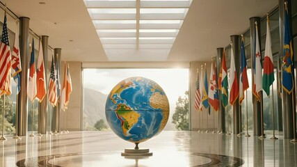 Global unity displayed in a hall with flags and a world globe - Powered by Adobe