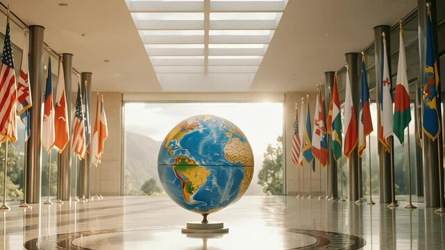 Global unity displayed in a hall with flags and a world globe