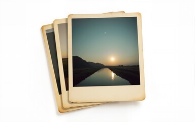 Stack of old photos isolated on transparent background, png file. Clipping path for the inside of the photo included. High quality