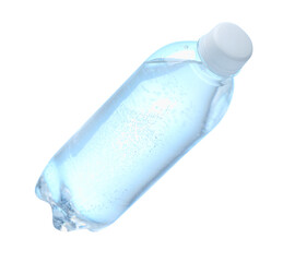 Plastic bottle with clean water in air on white background