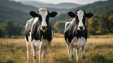 Two Holstein cows standing side-by-side in a sunny pasture, casting soft shadows on the grass