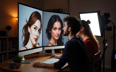 Young couple of photographers working with woman's portraits at the working place with two computers in the studio. High quality